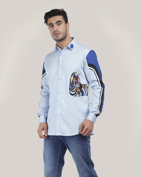 Abkasa’S Amigo Shirt: Stand Out In Powder Blue Shirt With Hand Embroidered Zebra