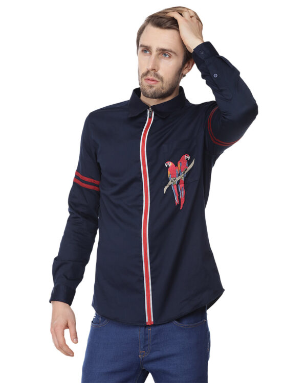 Abkasa Echo: Sporty Navy Blue Shirt With Hand Embroidered Parrot & Reflector Zip