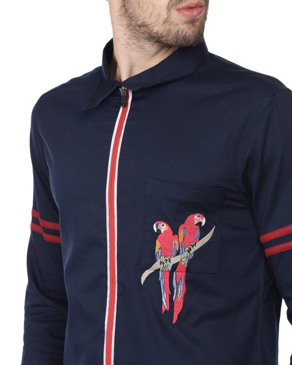 Abkasa Echo: Sporty Navy Blue Shirt With Hand Embroidered Parrot & Reflector Zip