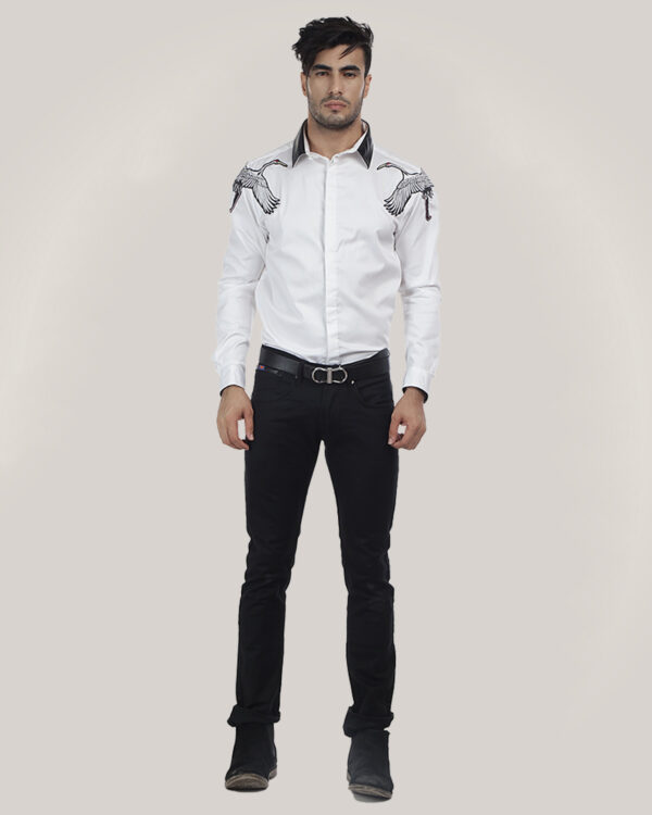 Abkasa Harrod: Men’S Formal Shirt With Embroidered Bird Patches & Leather Collar