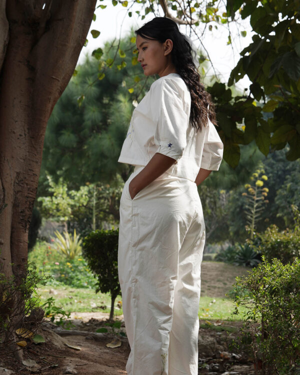 Ahmev’s Luxurious Ankle Length Pants with Overlapping Pleats and Floral Hand Painting