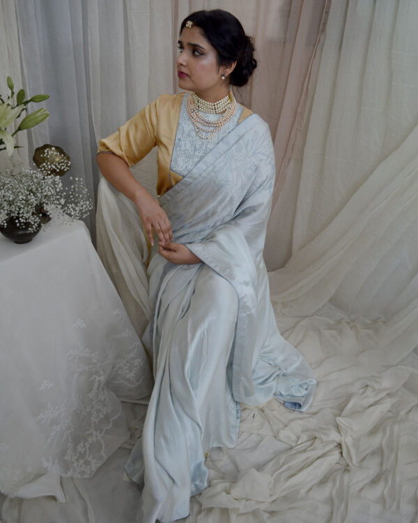 Ahmev Blue Saree: Simplicity and Charisma in Modal Silk with Shoulder Block Print