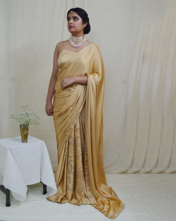 Make a timeless addition to your wardrobe with Ahmev’s beige saree in silk