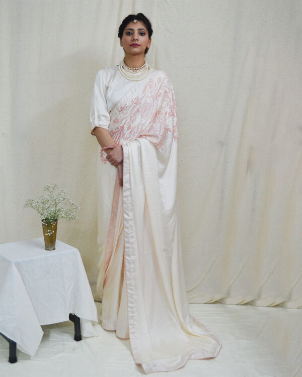 Ahmev White Saree: Simplicity and Charisma in Modal Silk with Block Print